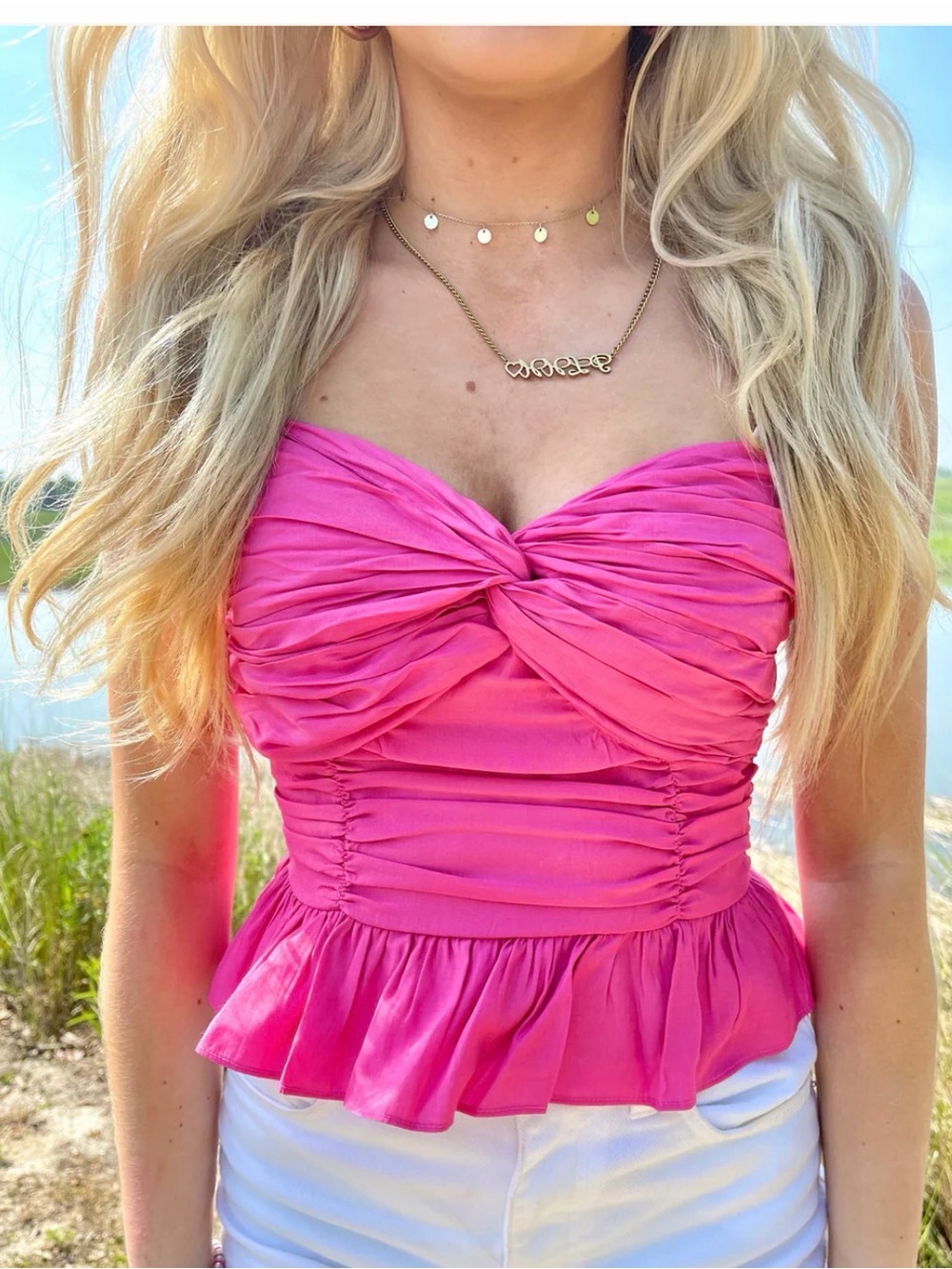 entro Fuchsia Ruched Twist Peplum Cami